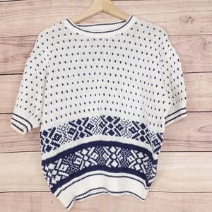 VINTAGE ALFRED DUNNER USA MADE WHITE BLUE FLORAL SHORT SLEEVE SWEATER WOMENS L